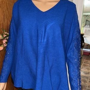 Luna Royal Blue 1X V-Neck Sweater Sparkle Sleeves